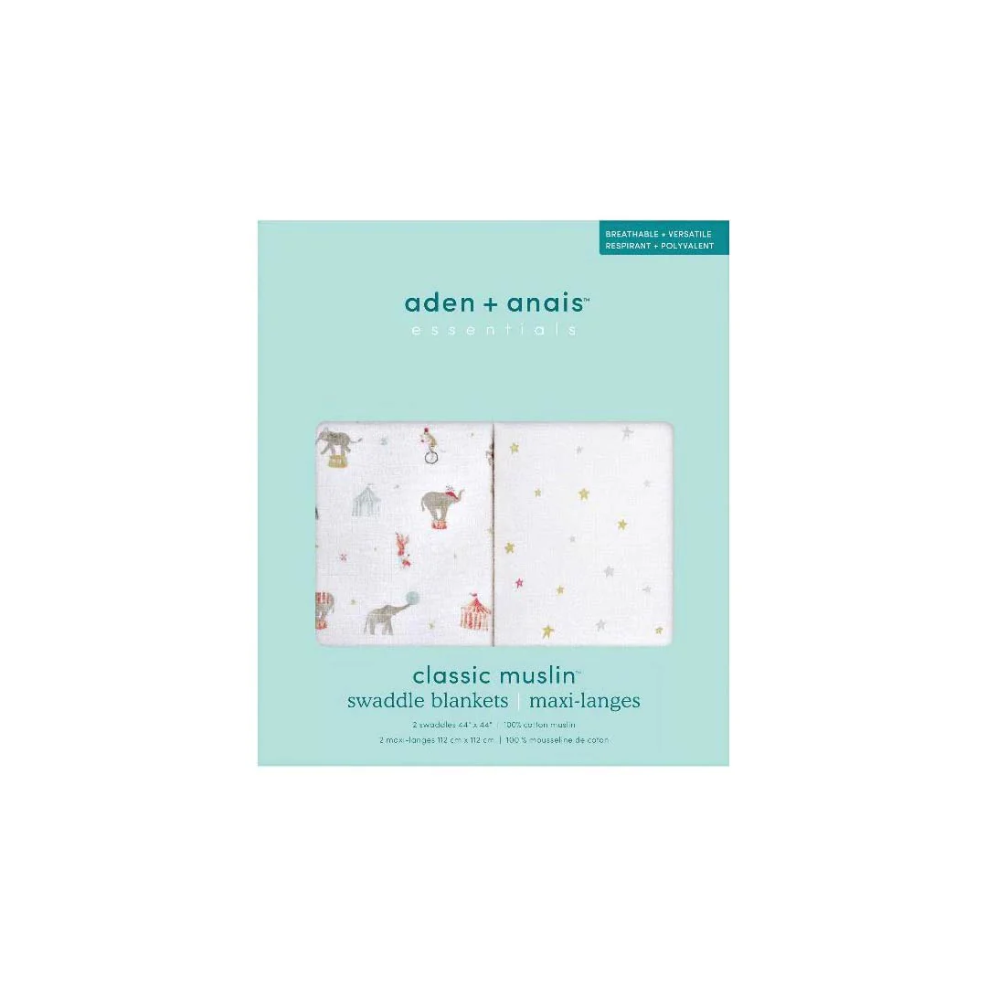 aden + anais Essentials Cotton Muslin Swaddle Blankets 2pk - Elephant Circus - Image 7