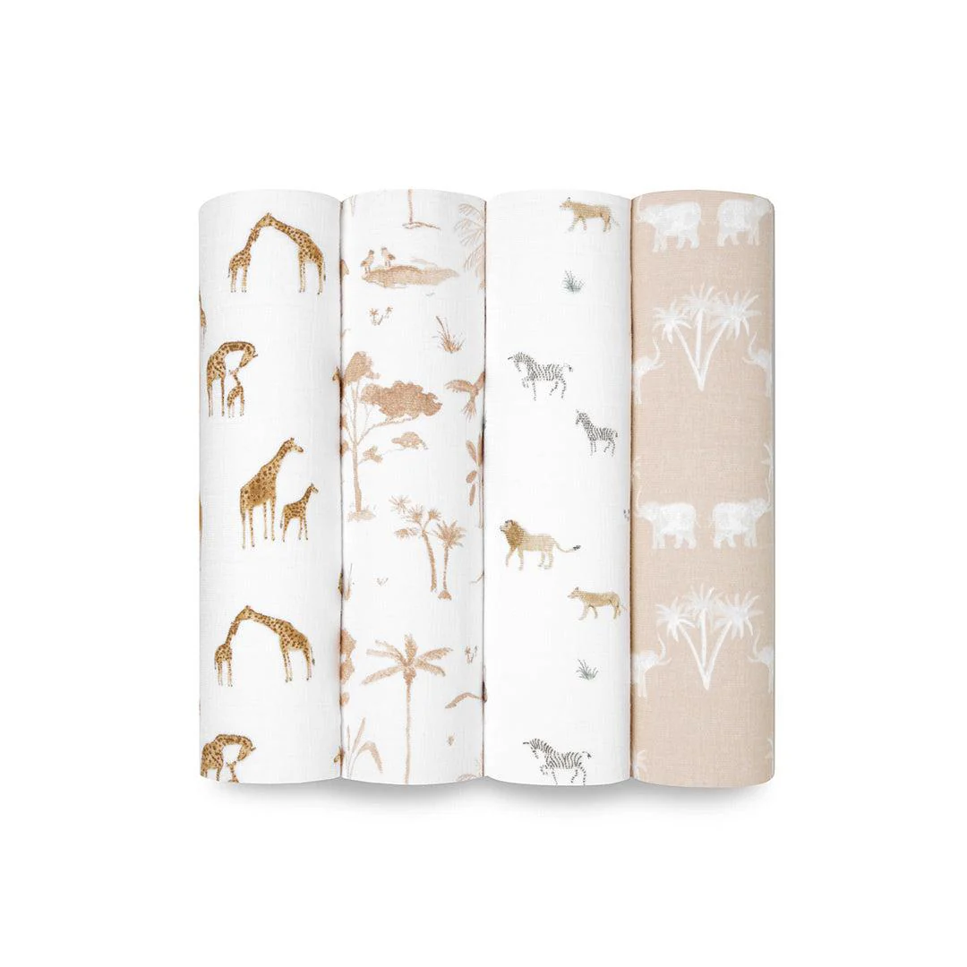 aden + anais Large Organic Cotton Muslin Swaddles - 4 Pack - Safari Dreams
