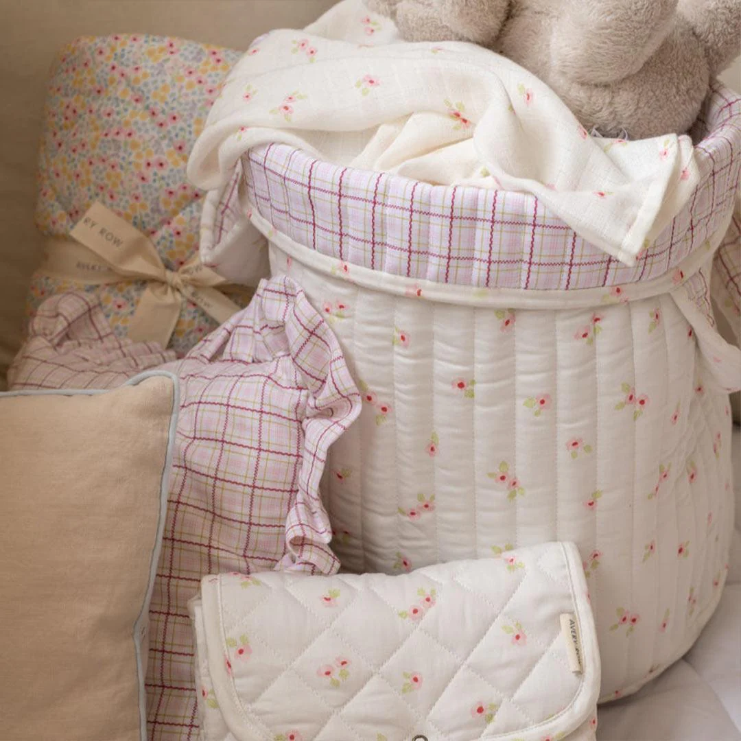 Avery Row Large Quilted Storage Basket  - Anemone/Pink Check - Image 3