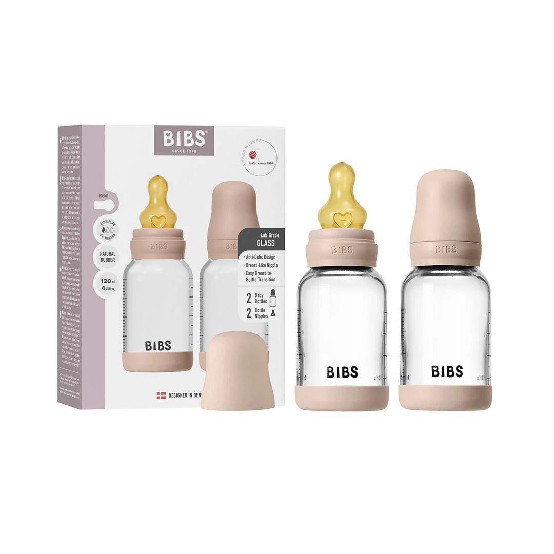 BIBS 2 Pack Slow Flow Glass Baby Bottle Round Latex - 120ml - Blush - Image 2