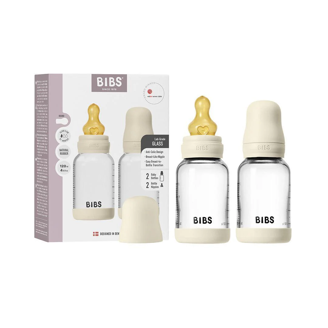 BIBS 2 Pack Slow Flow Glass Baby Bottle Round Latex - 120ml - Ivory - Image 2