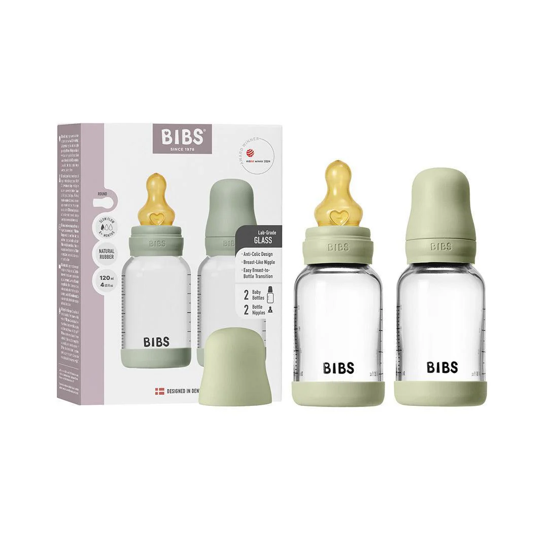 BIBS 2 Pack Slow Flow Glass Baby Bottle Round Latex - 120ml - Sage - Image 2