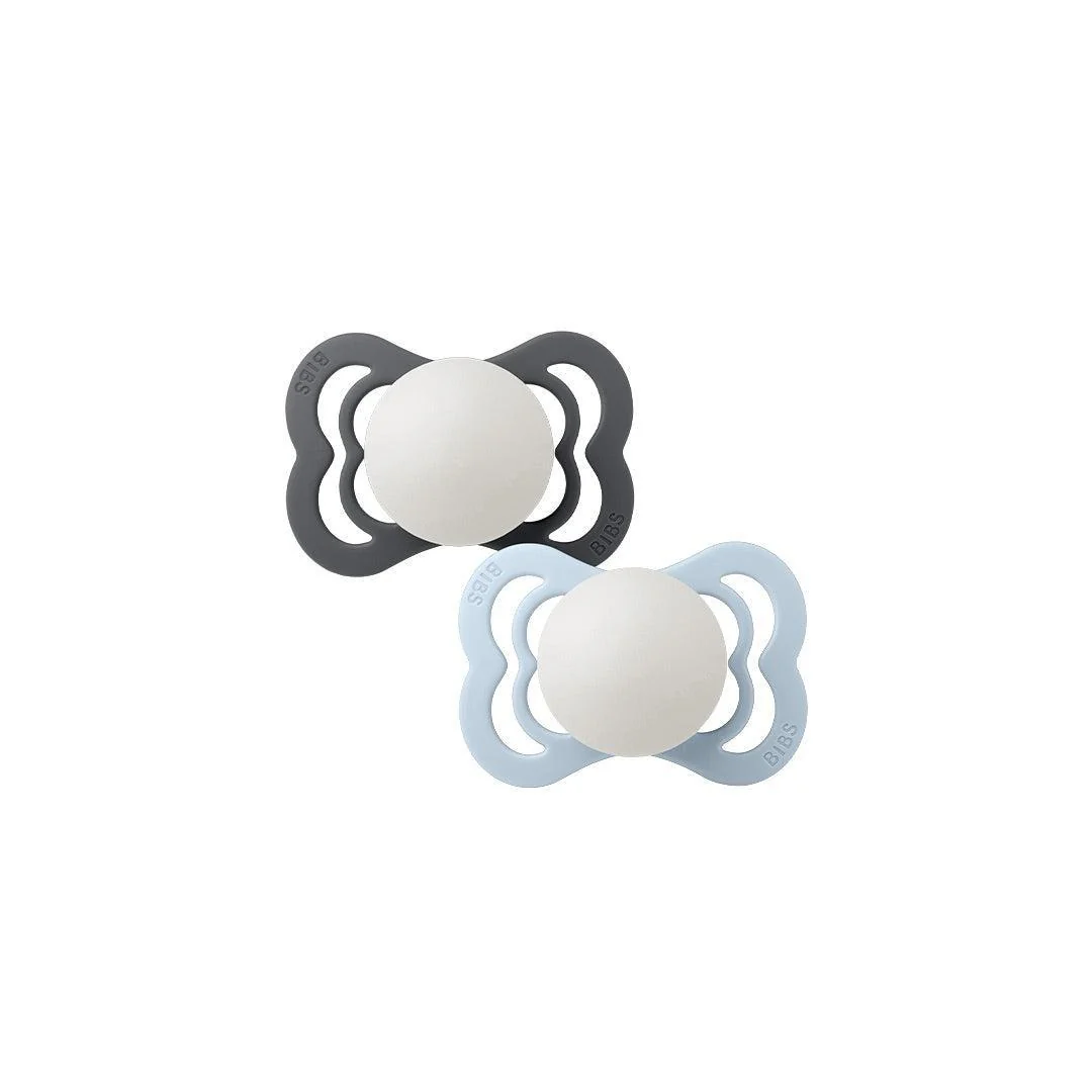 BIBS Pacifier Supreme 2 Pack Silicone - Baby Blue Glow / Iron Glow
