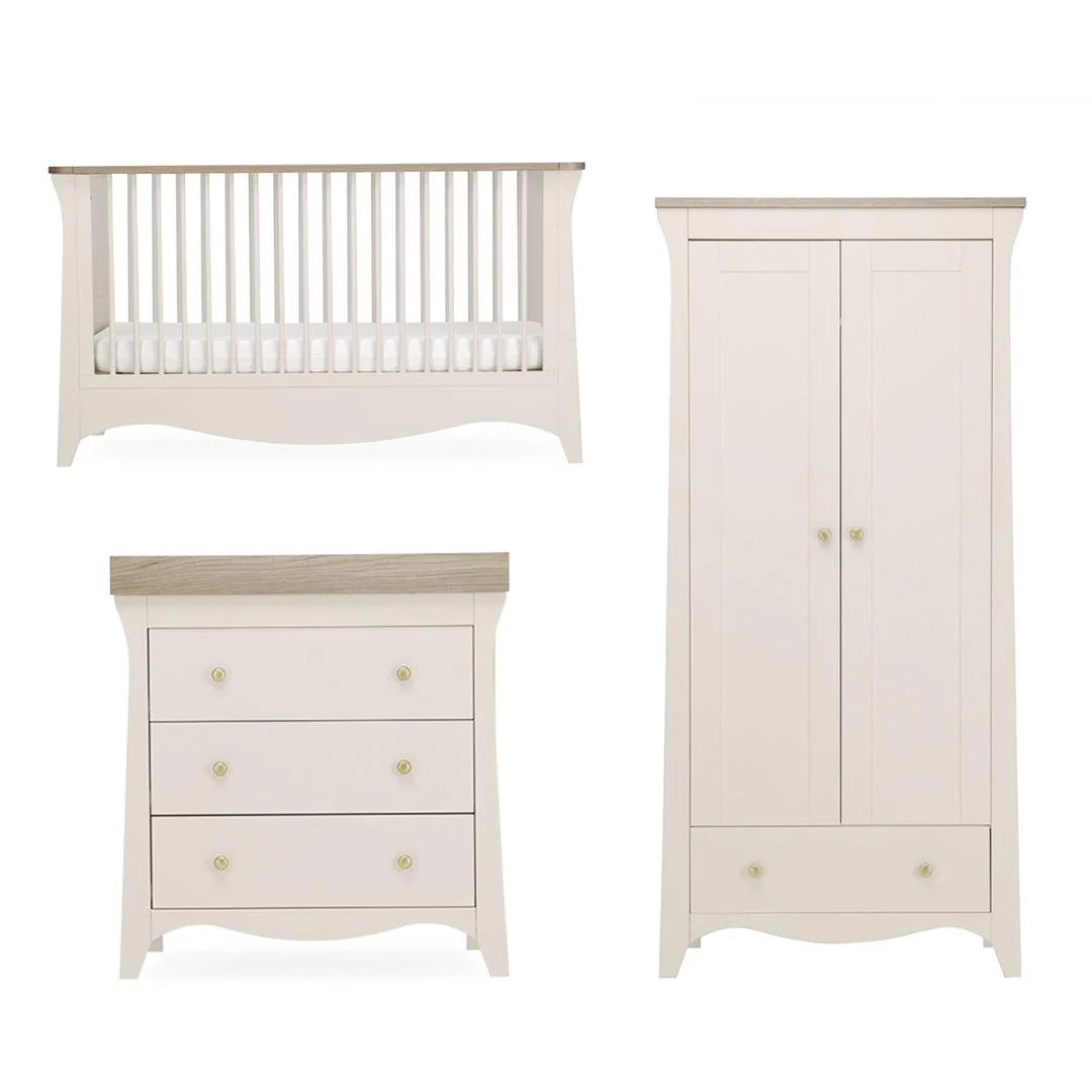 CuddleCo Clara 3 Piece Set Drawer Dresser Cot Bed + Wardrobe - Cashmere