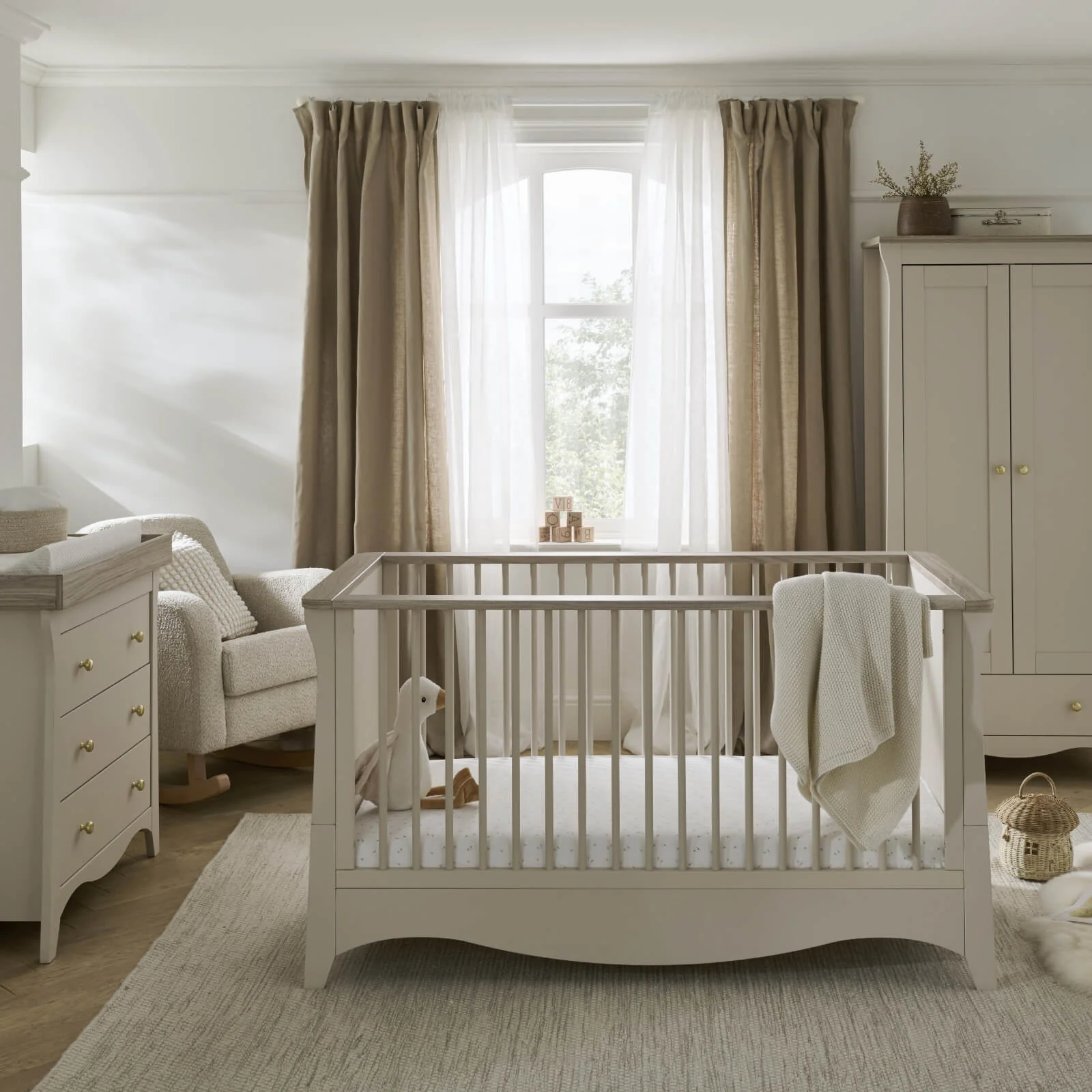 CuddleCo Clara 3 Piece Set Drawer Dresser Cot Bed + Wardrobe - Cashmere - Image 2