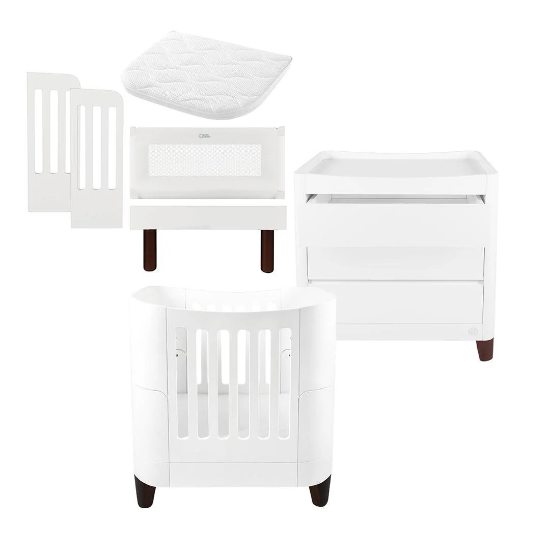 Gaia Baby Serena Mini Cot + Bedside Crib Set (Incl Bedside mattress) Mini Cot and Dresser - White / Walnut