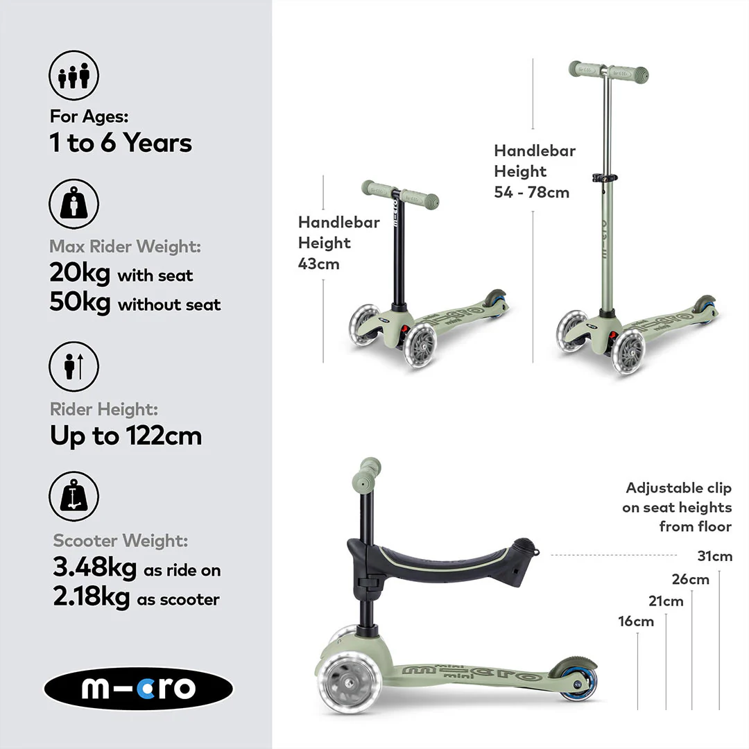 Micro Scooters Mini 2 Grow Deluxe LED Clip Seat V2 Scooter - Sage Green - Image 3