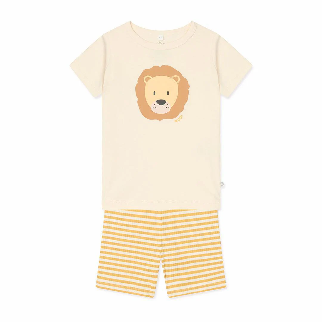 MORI Lion T-Shirt & Stripe Ribbed Shorts - Panda Cream - Image 2
