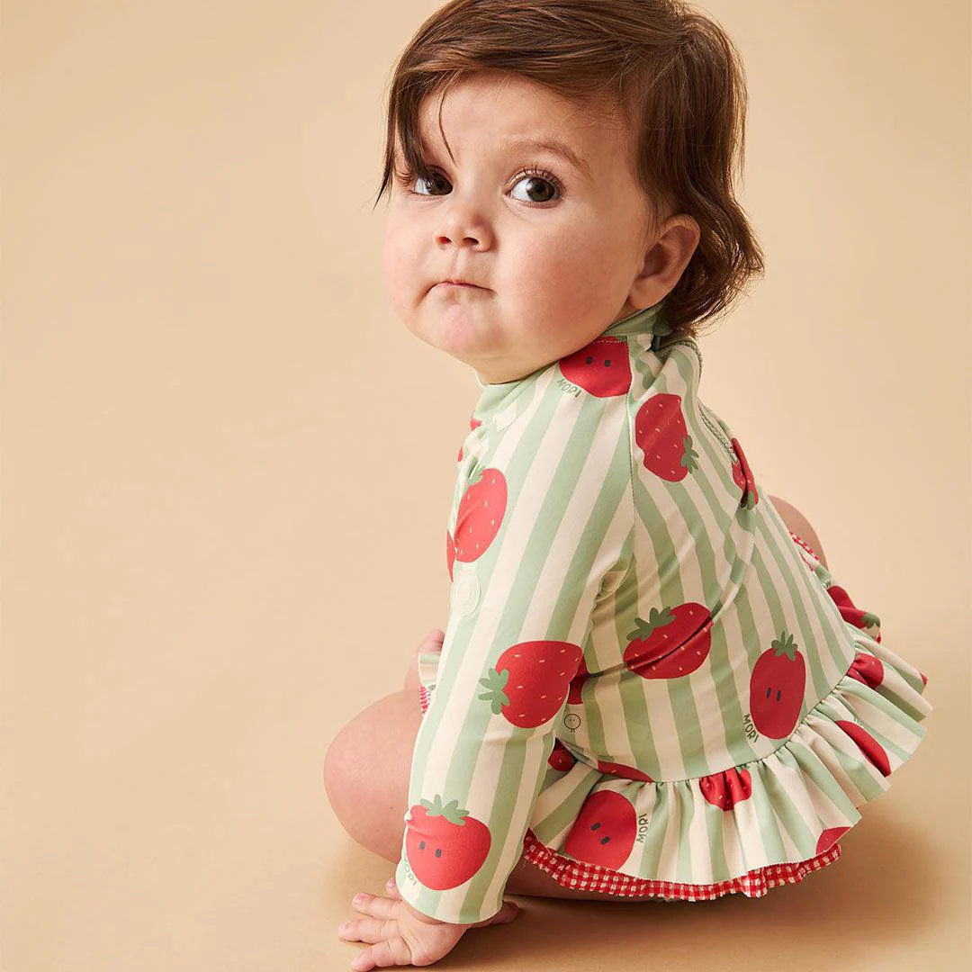 MORI Stripe Frill Long Sleeve Swimsuit - Strawberry & Green Stripe - Image 2