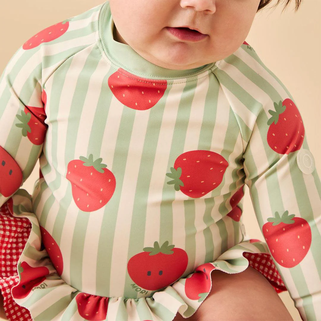 MORI Stripe Frill Long Sleeve Swimsuit - Strawberry & Green Stripe - Image 3