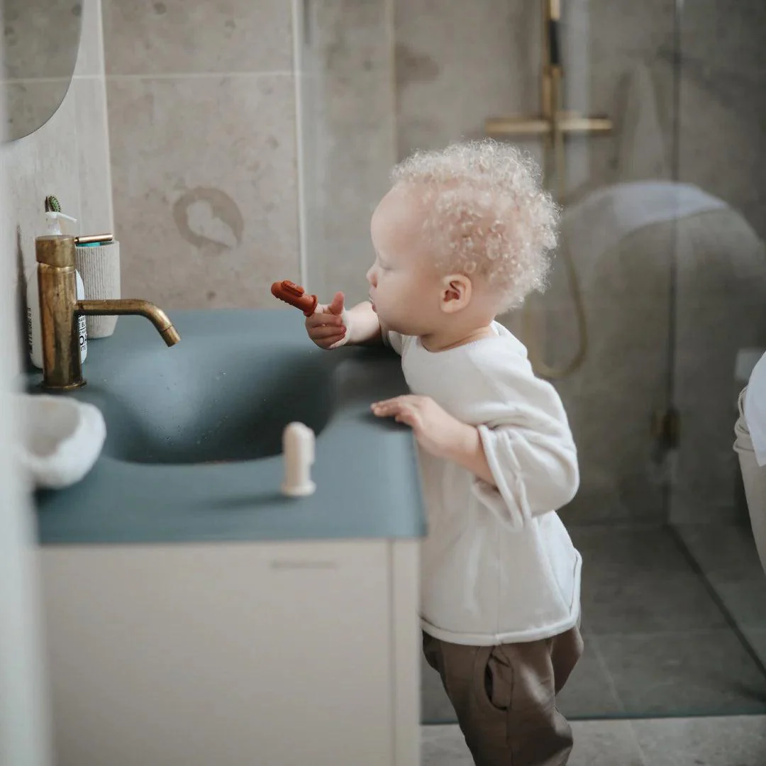 Mushie Finger Toothbrush - Stone/Tradewinds - Image 2