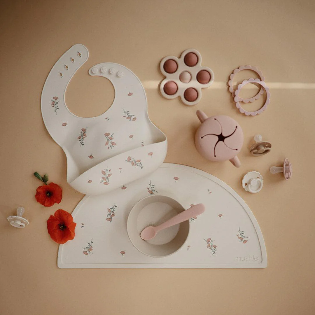 Mushie Silicone Bib - Pink Flowers - Image 3