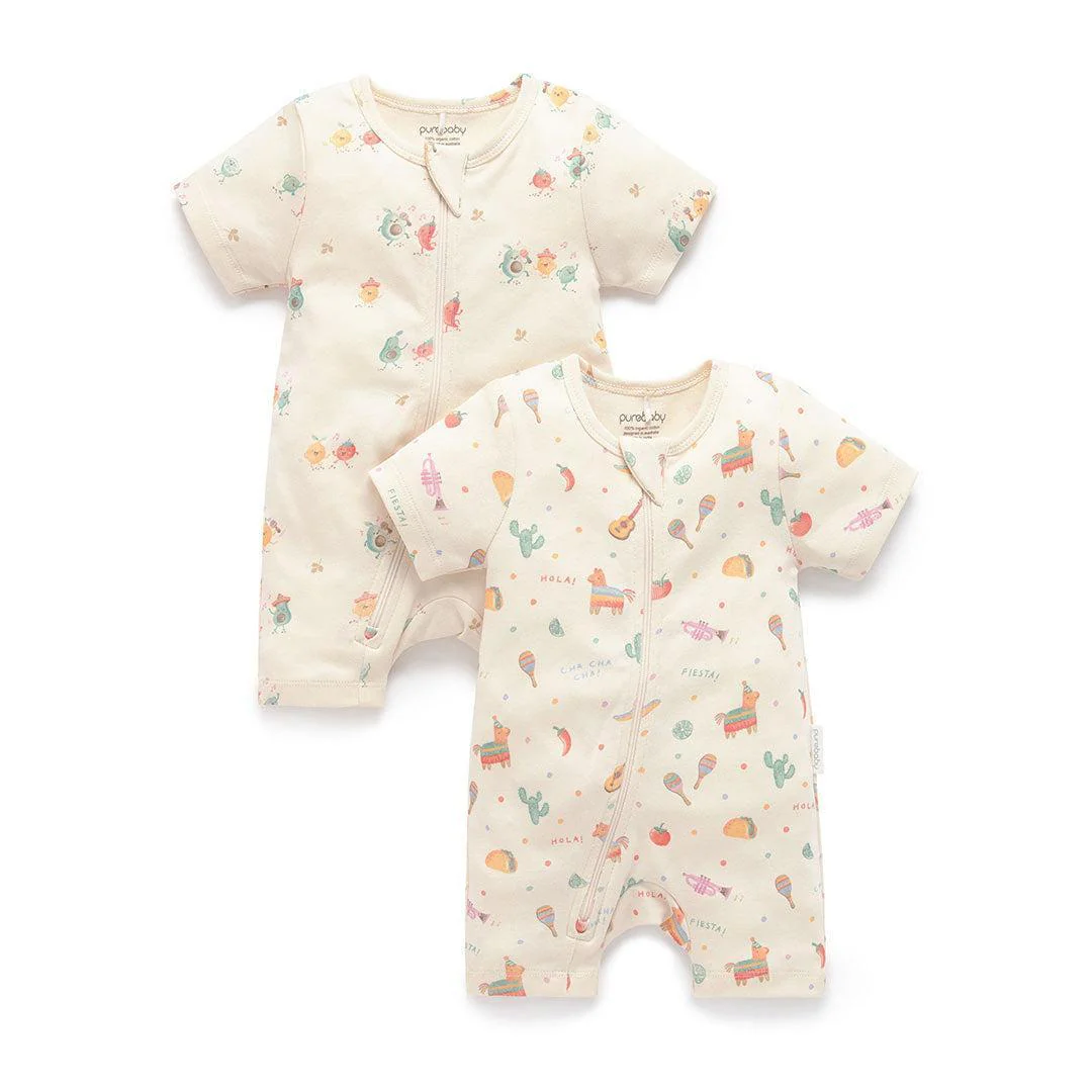 Purebaby 2 Pack Short Sleeved Digital Growsuit - Pinata Print