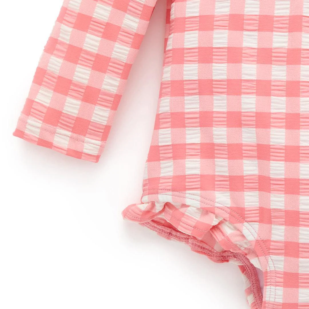 Purebaby Printed Frilly Long Sleeved Swimsuit - Pomegranate Gingham - Image 3