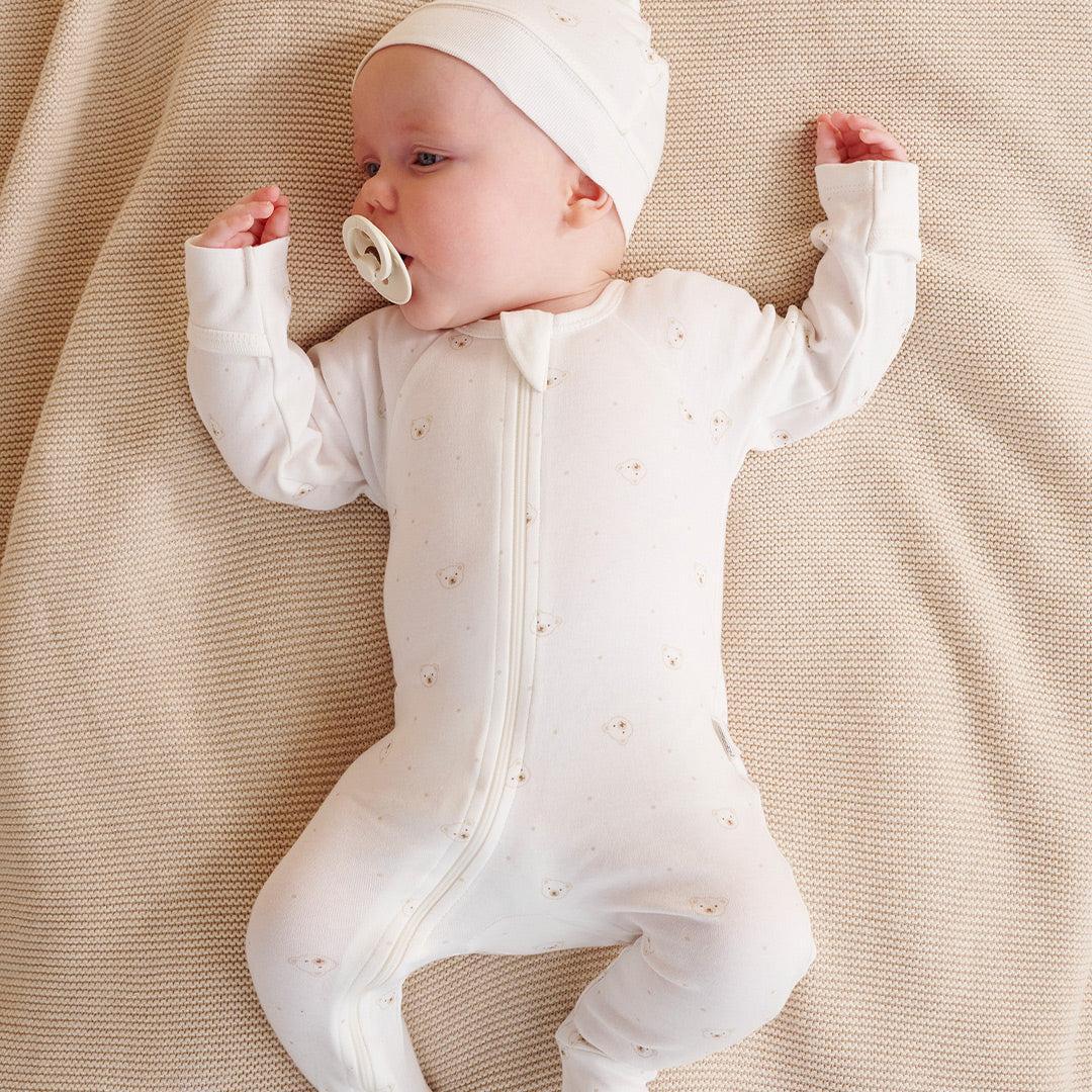 Purebaby Zip Sleepsuit & Hat Set - Vanilla Bear - Image 2