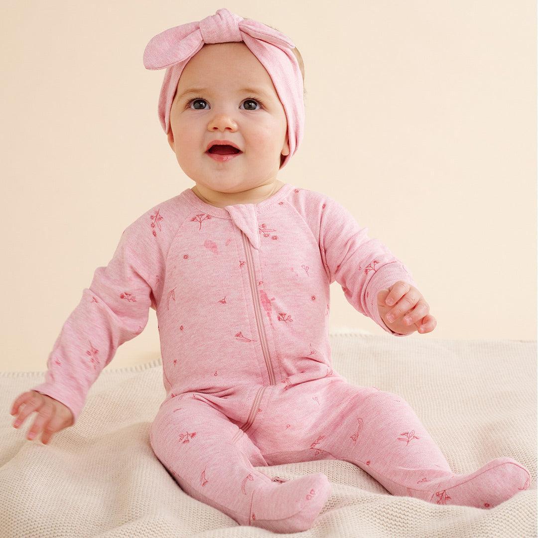 Purebaby Zip Sleepsuit & Headband Set - Pale Pink Blossom - Image 2