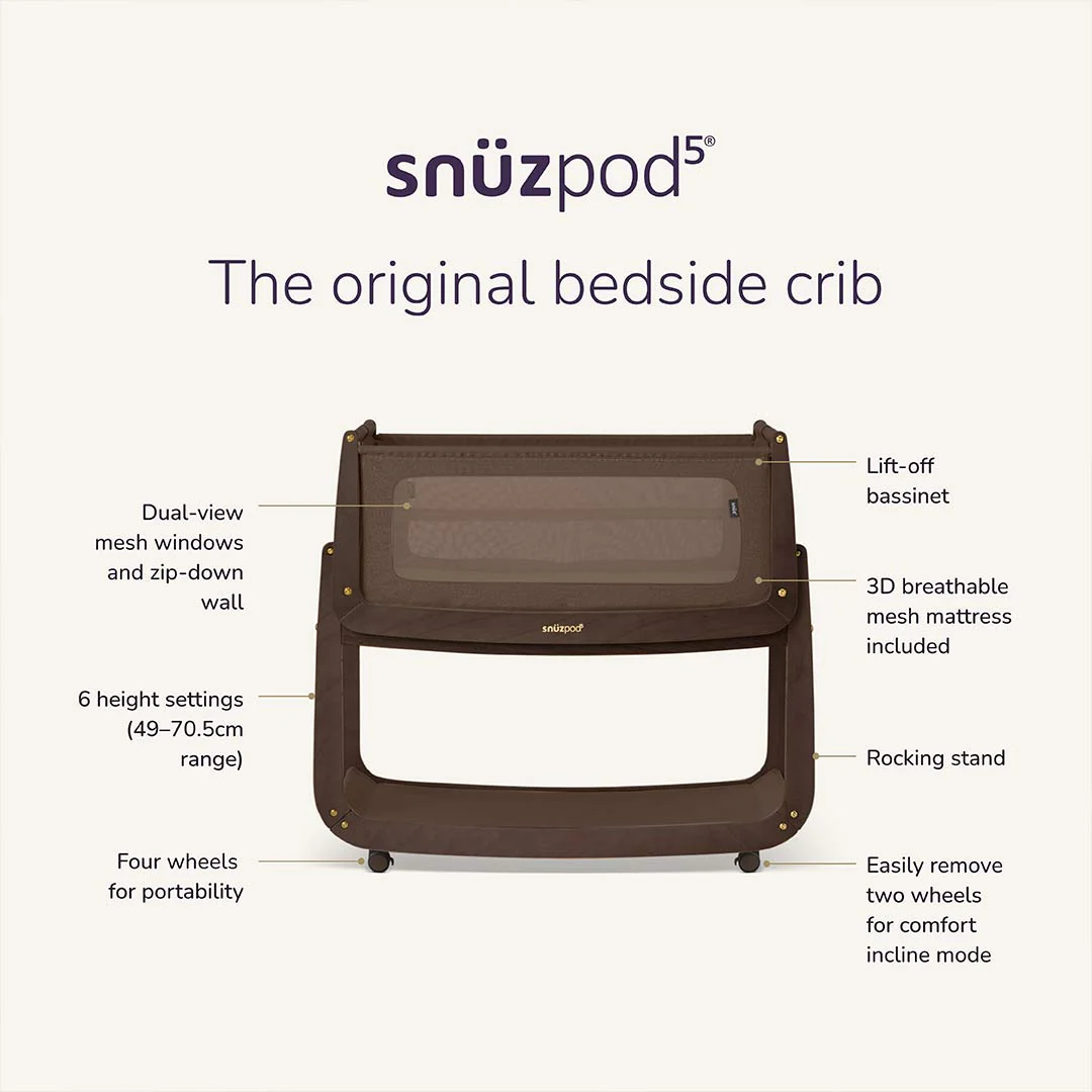 SnuzPod 5 Bedside Crib - Chocolate - Image 3