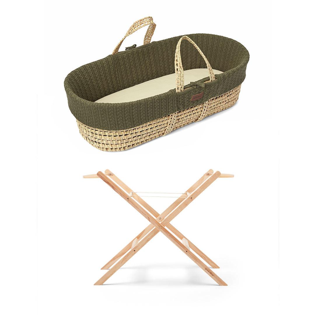 The Little Green Sheep Natural Knitted Moses Basket - Mattress + Static Stand