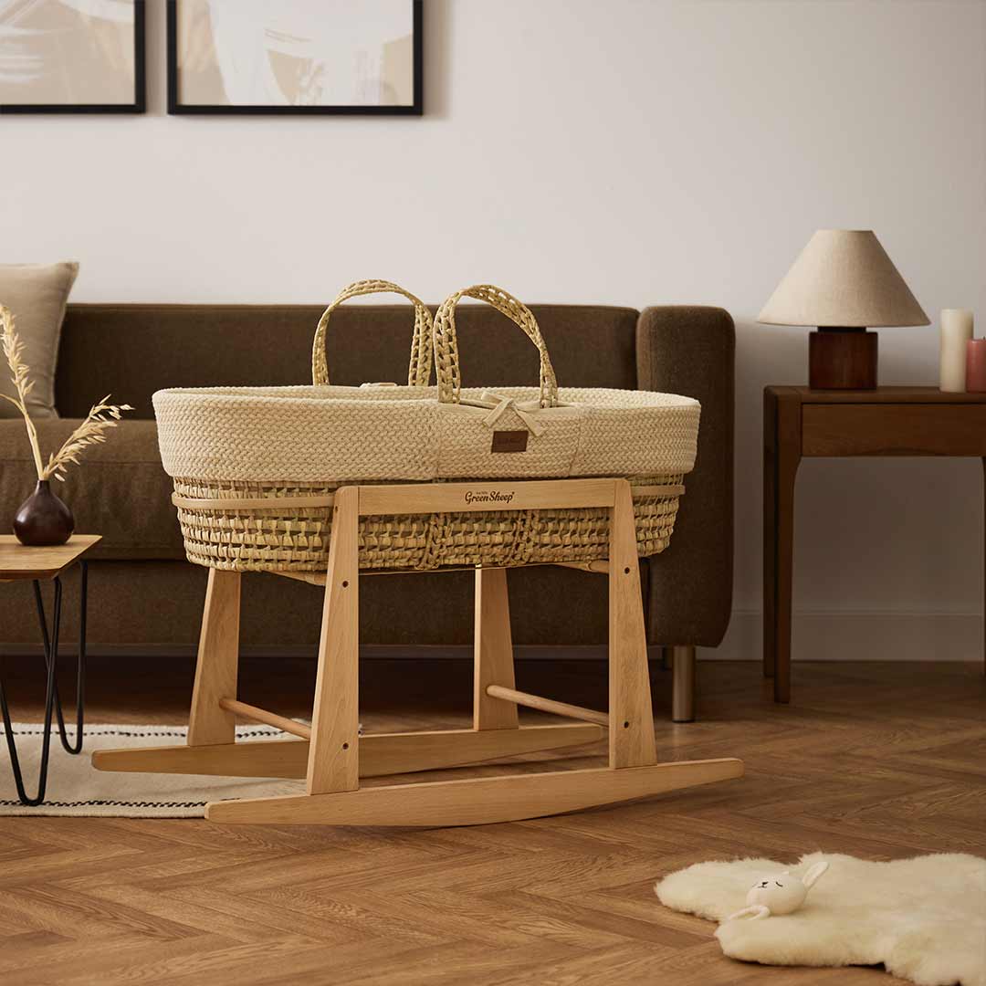 The Little Green Sheep Organic Wheat Knit Moses Basket + Mattress - Linen - Image 4
