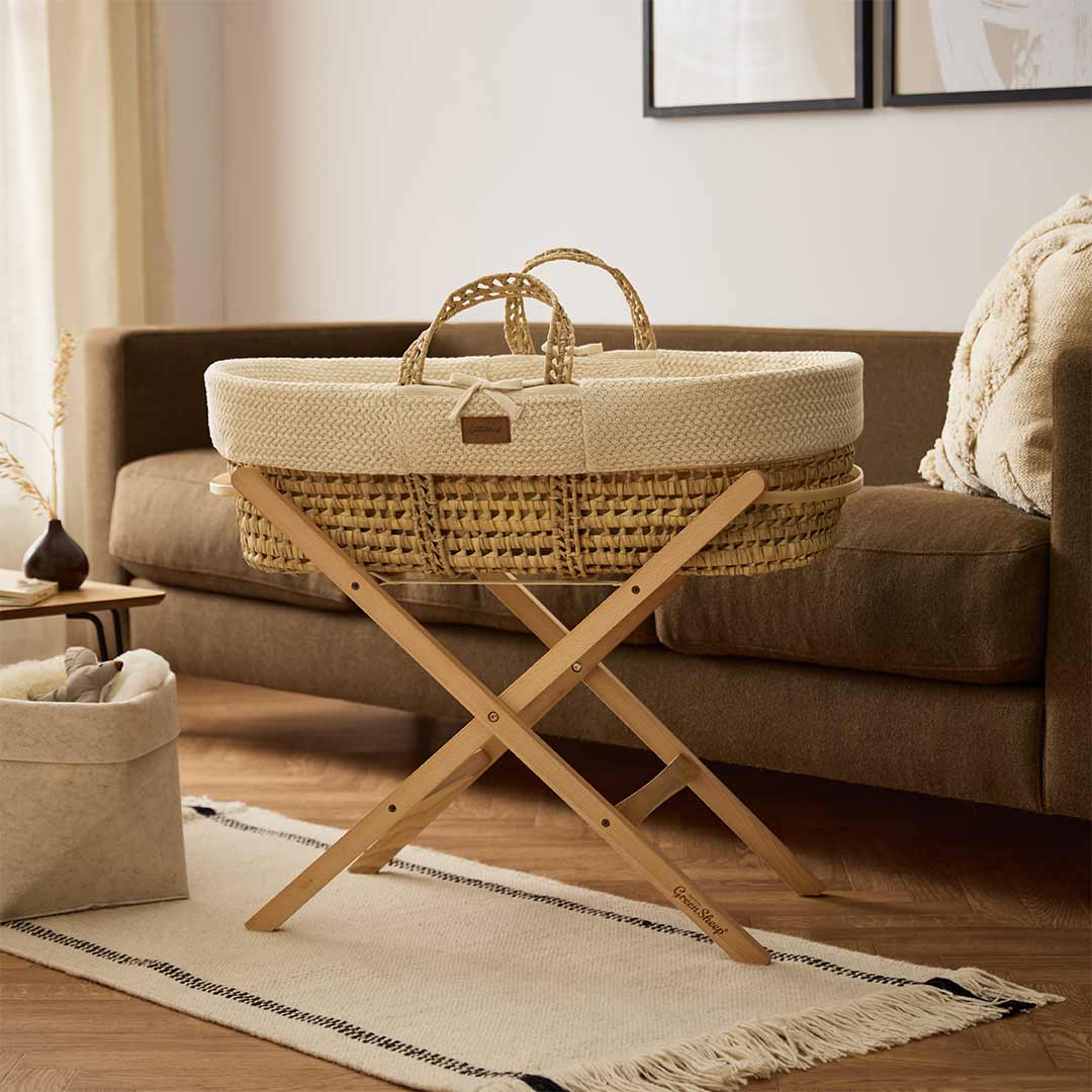 The Little Green Sheep Organic Wheat Knit Moses Basket + Mattress - Linen - Image 6