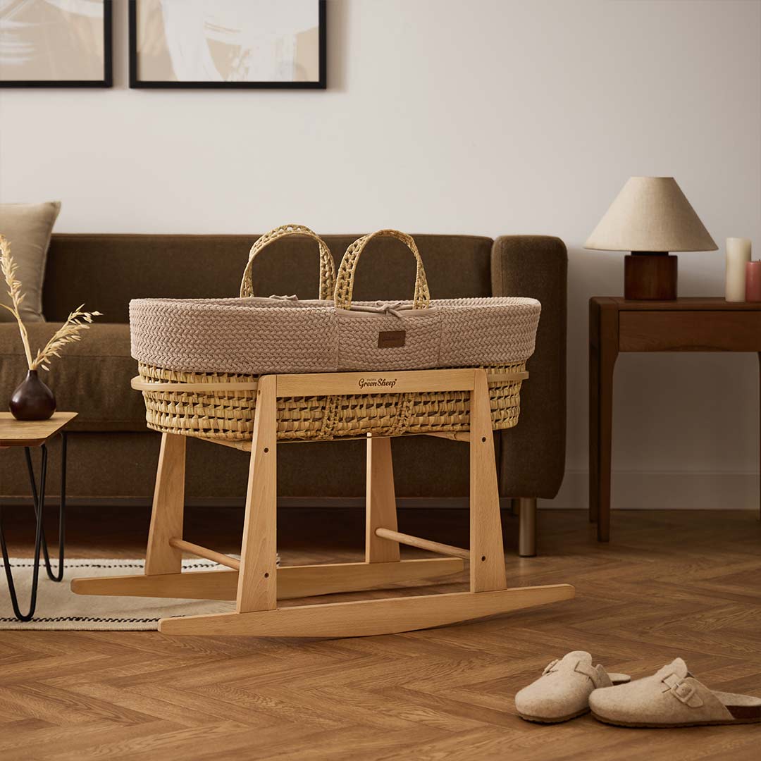 The Little Green Sheep Organic Wheat Knit Moses Basket + Mattress - Truffle - Image 4