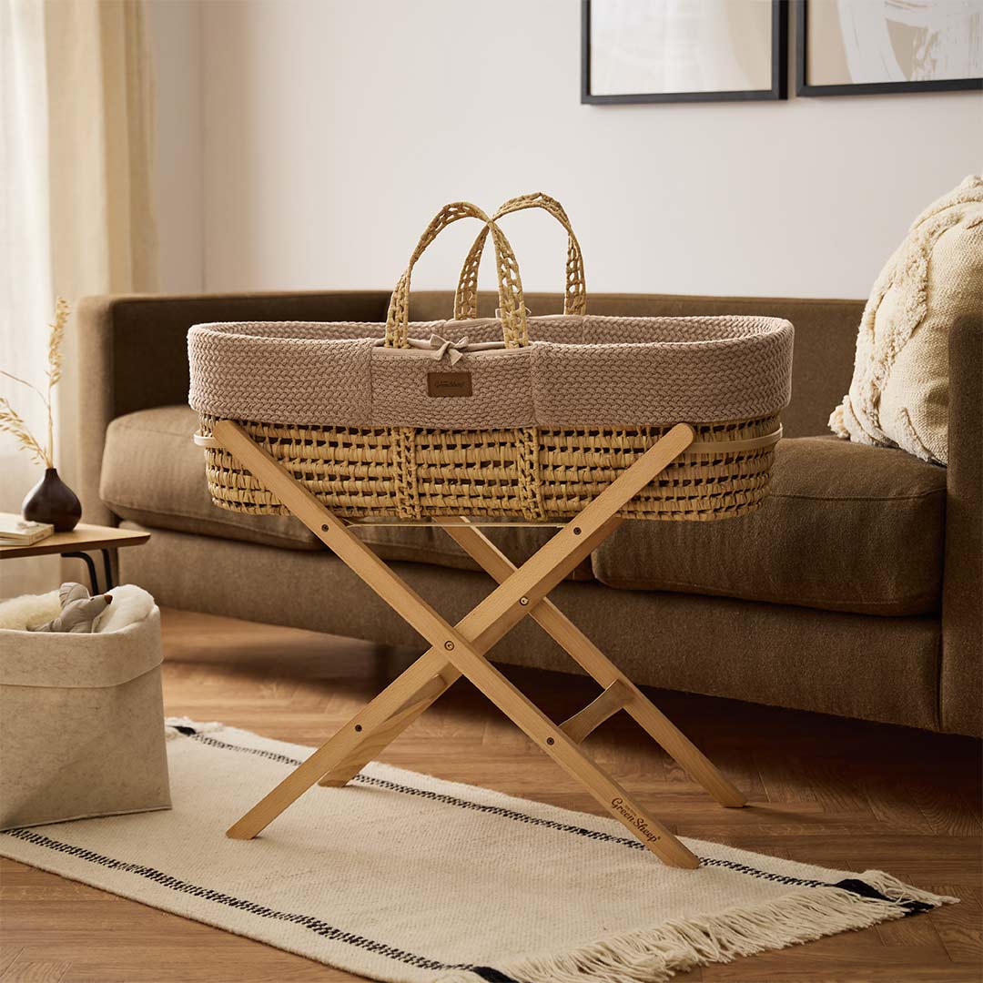 The Little Green Sheep Organic Wheat Knit Moses Basket + Mattress - Truffle - Image 6