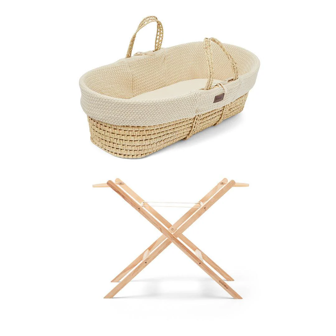 The Little Green Sheep Wheat Knit Moses Basket and Foldable Stand Bundle - Linen / Natural