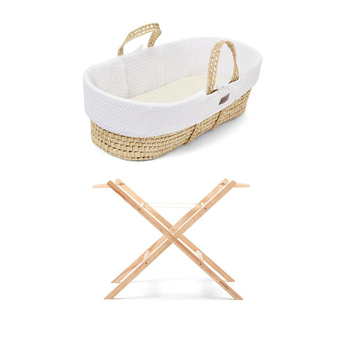 The Little Green Sheep Wheat Knit Moses Basket and Foldable Stand Bundle - White  / Natural